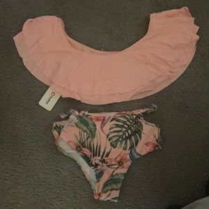 NWT tropical pink off the shoulder cut-out bikini